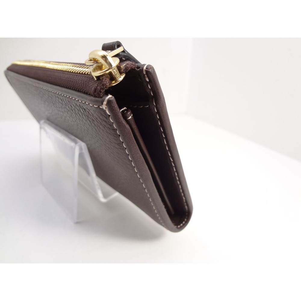 Coach Accordion Zip Wallet Dark Brown Pebbled Leather Gold C Logo - Picture 4 of 5